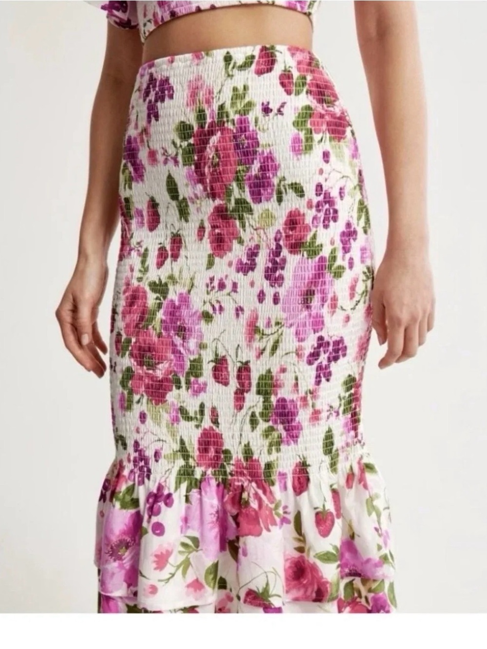 Abercrombie & Fitch White Midi Skirt with Pink Floral Print